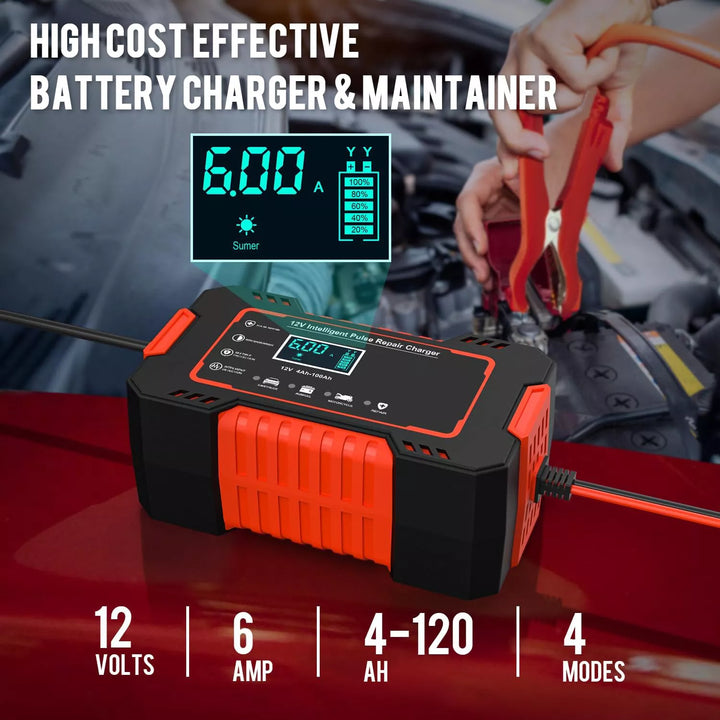 12V Automatic Battery Charger with Digital Display - Power Pulse Repair for Wet & Dry Lead Acid Batteries