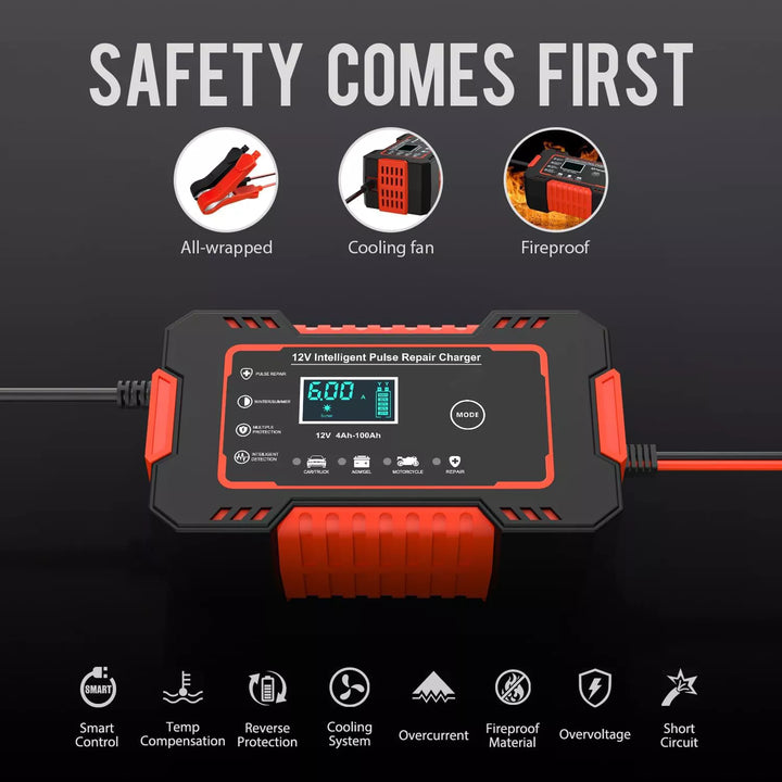 12V Automatic Battery Charger with Digital Display - Power Pulse Repair for Wet & Dry Lead Acid Batteries