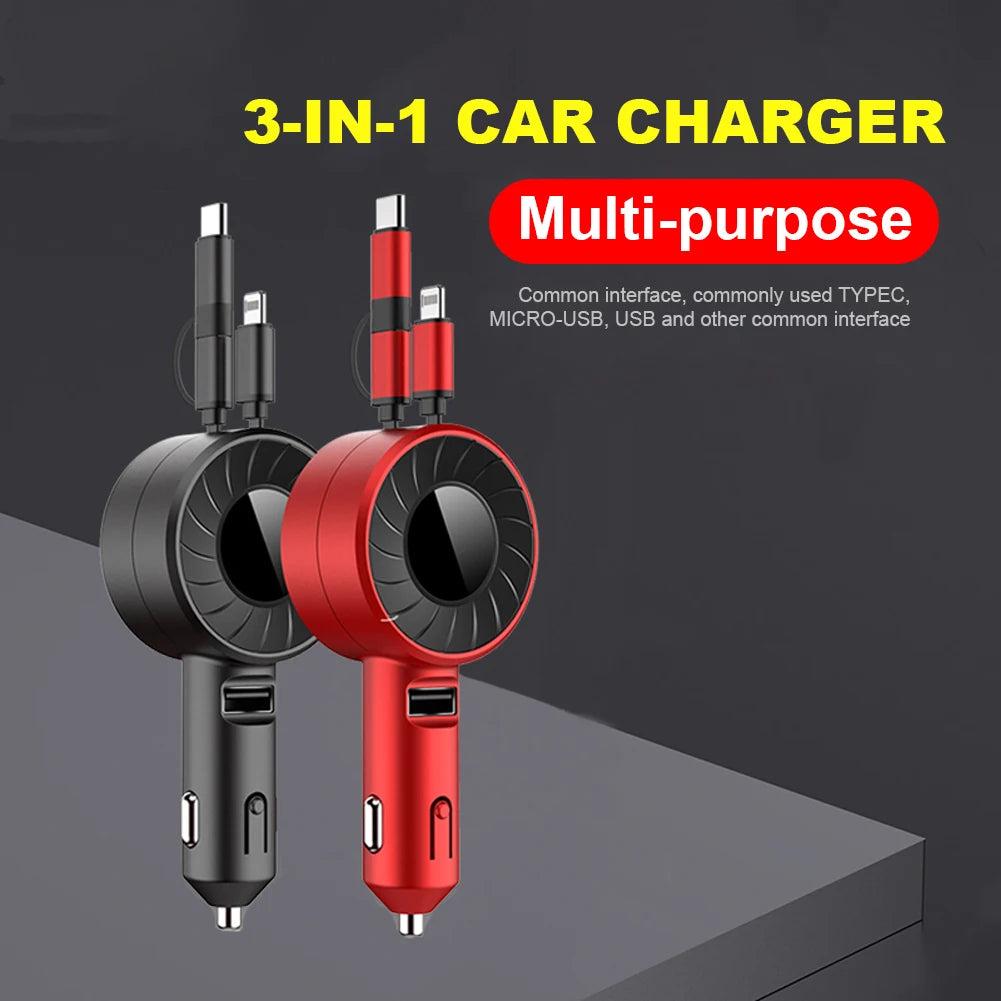 3-in-1 Retractable Fast Charging Car Charger with USB Type C and Micro USB