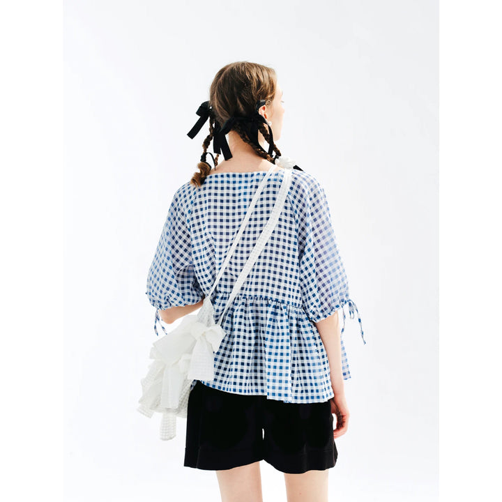 Summer Blue Plaid Puff Sleeve Casual Shirt