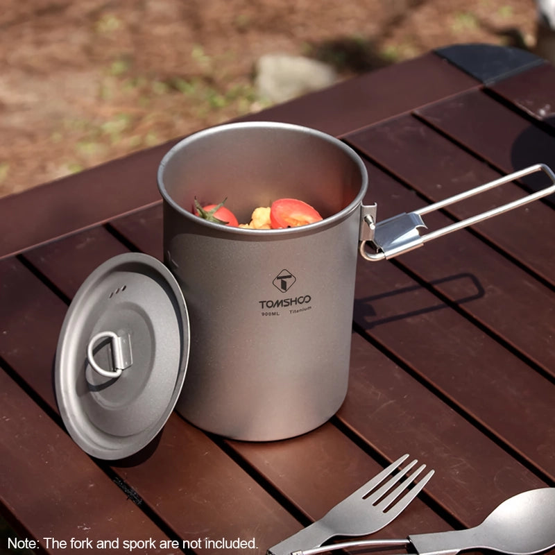 Lightweight Titanium Camping Pot 900ml with Lid and Foldable Handle