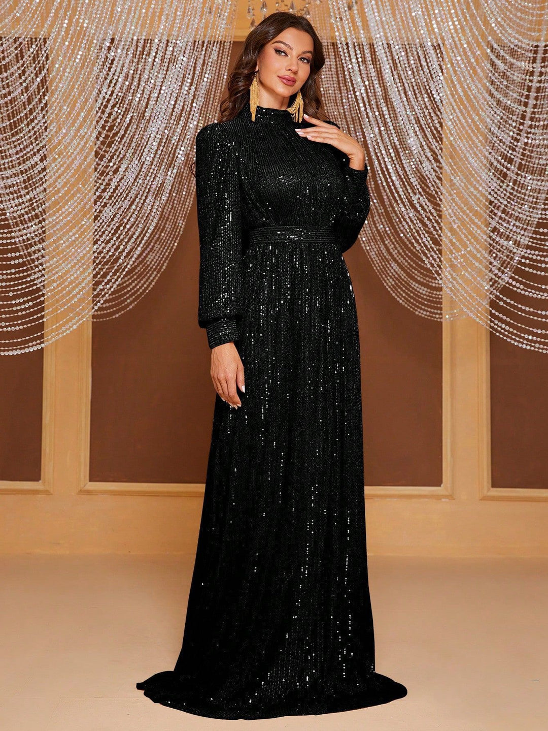 Pure Color Sequins Long Sleeve Stand Collar Evening Long Dress Simple And Elegant