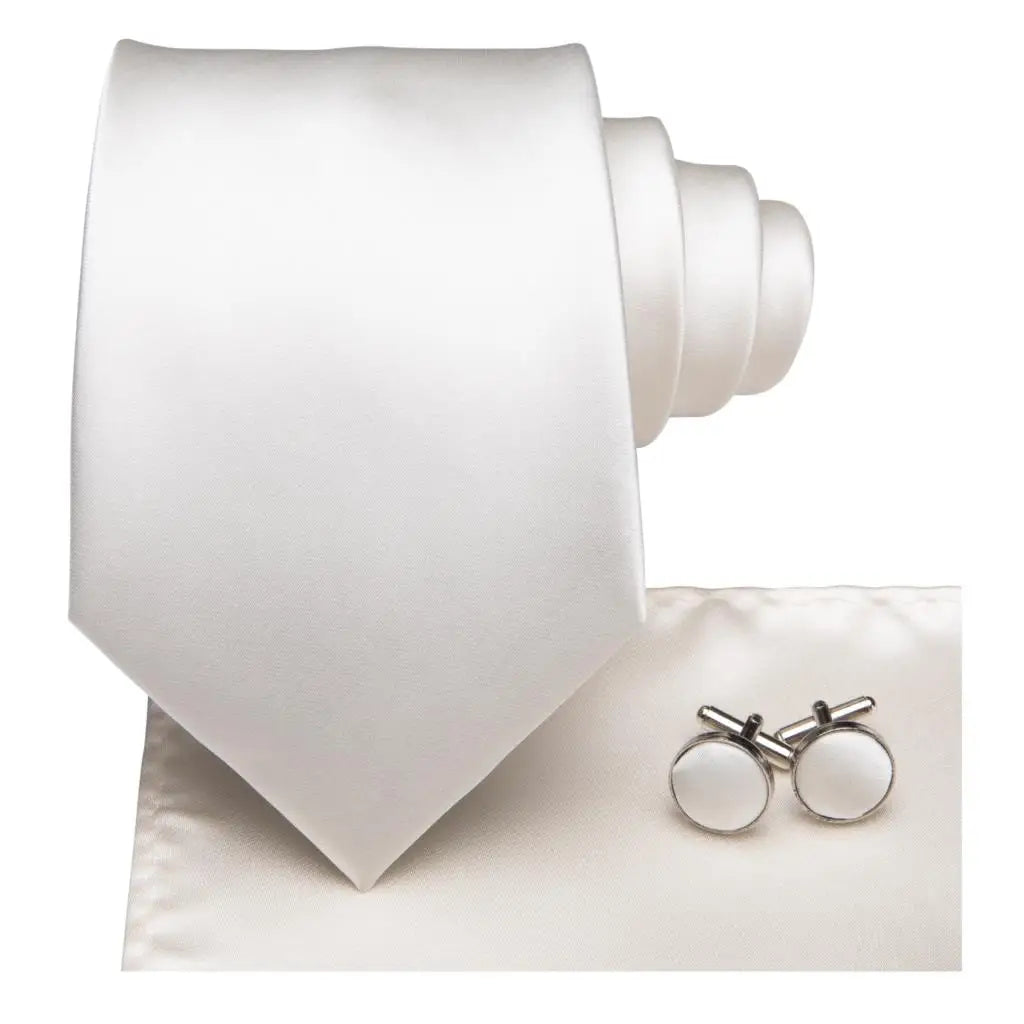 Classic White Silk Necktie Set with Pocket Square & Cufflinks