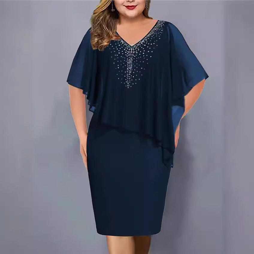 Plus Size Women's Chiffon Stitching Rhinestone Irregular Half Sleeve Dress