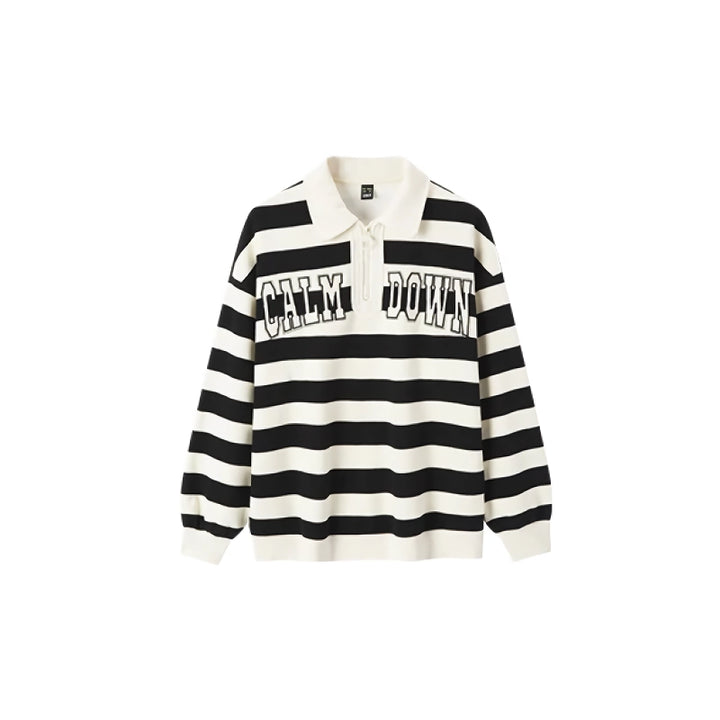 Oversized Waffle Texture Striped Polo Collar Sweatshirt