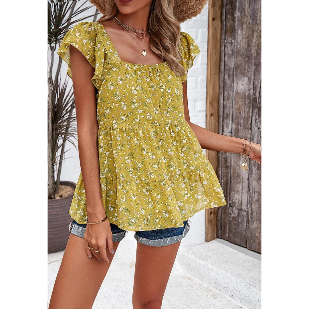 Summer Floral Square Neck Ruffled Top