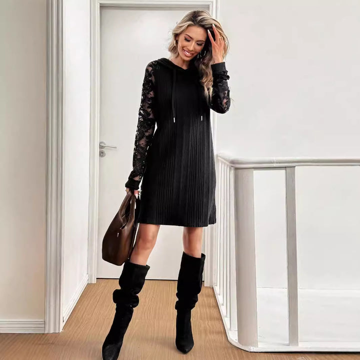 Women's Black Long Sleeve Lace Stitching Dress