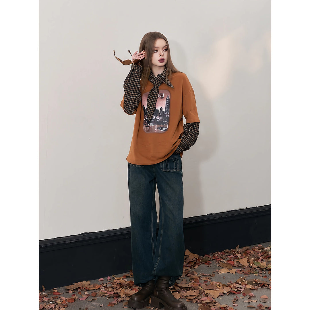 Autumn Graphic Spliced T-Shirt for Women