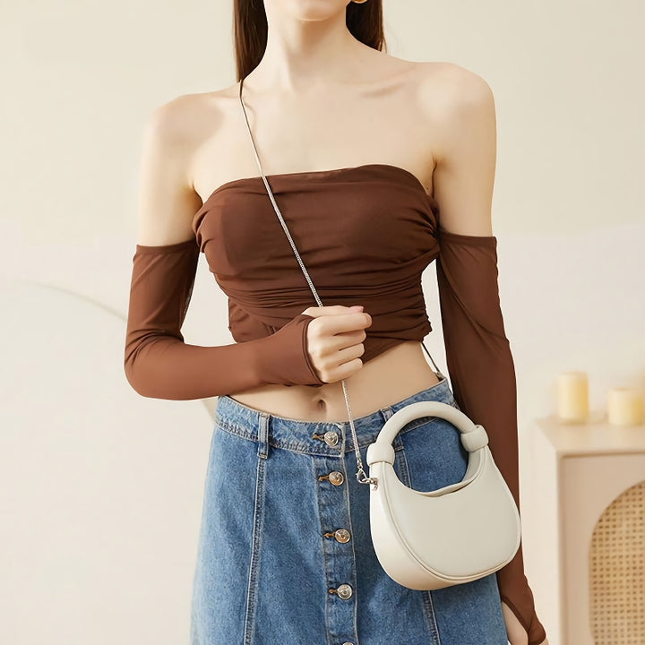 Elegant Rose Pink Leather Crescent Crossbody Bag