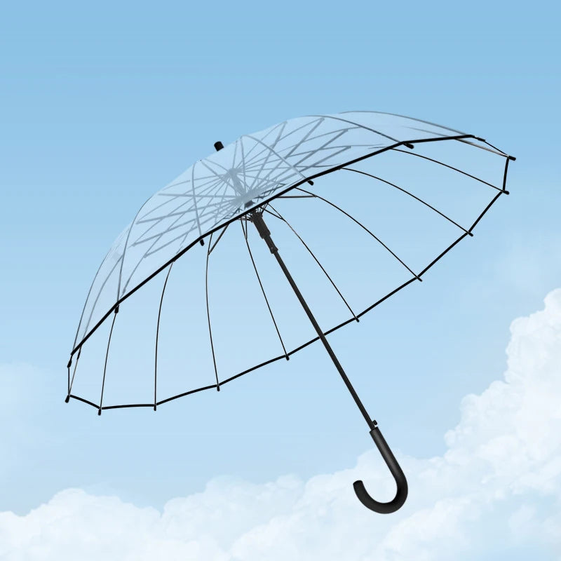 Transparent Windproof Umbrella with Strong 16 Ribs and Long Handle