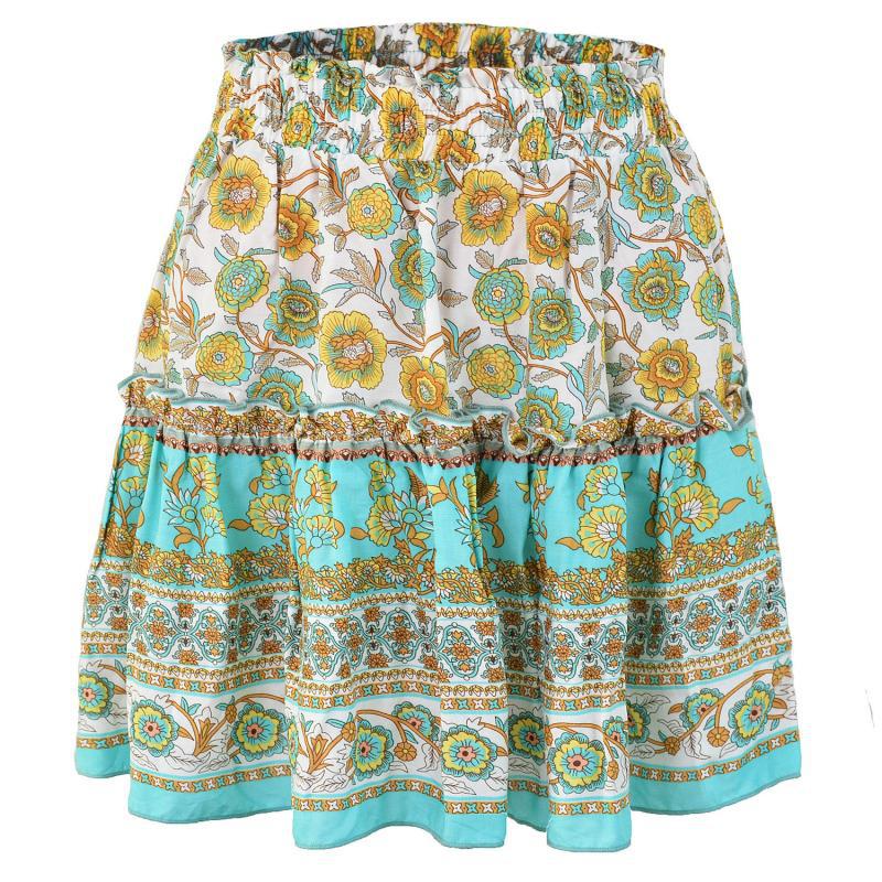 Ethnic Women Elastic Waist Floral Ruffle Pleated Printed Mini Short Skirts