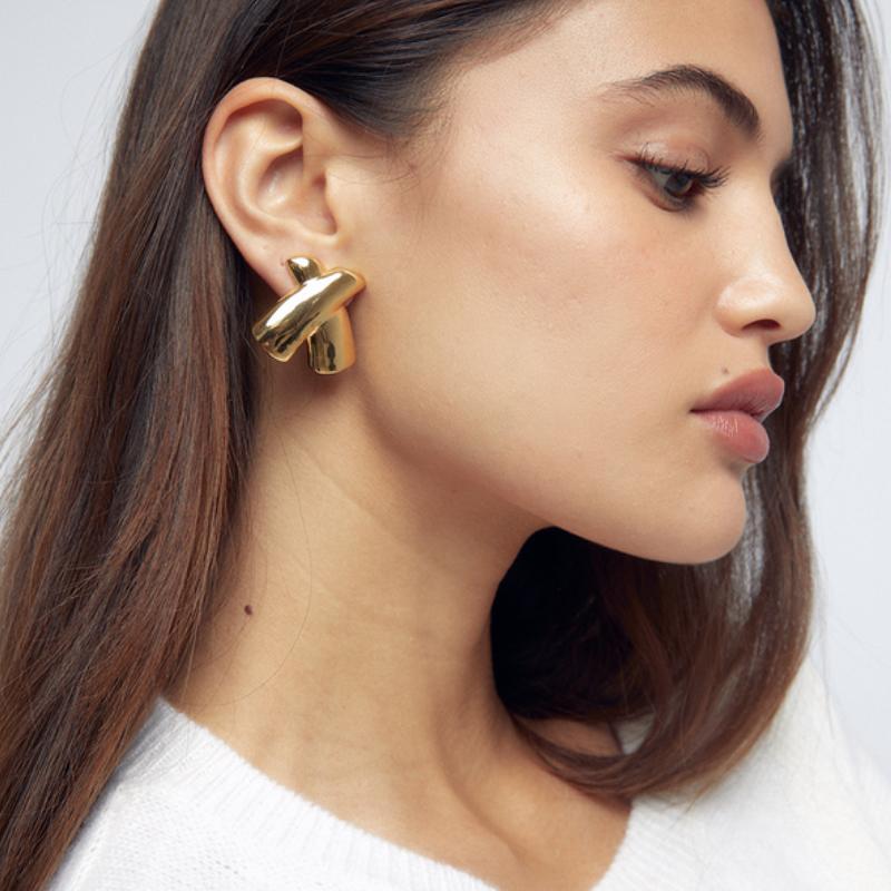 18K Gold PVD Plated Chubby X Shaped Stainless Steel Stud Earrings