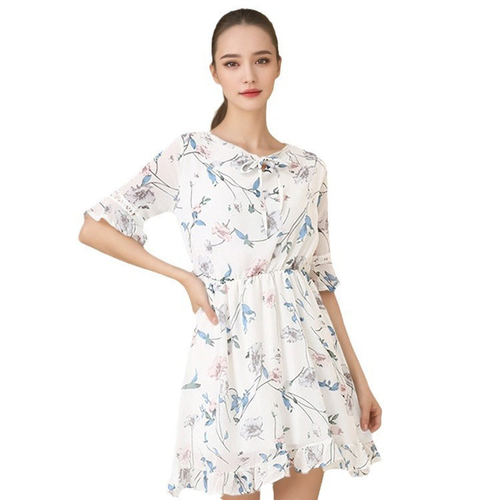 Sweet Floral Chiffon Dress Bell Sleeve Slim Fit All-matching A- Line Skirt