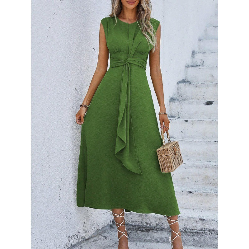 Solid Color Waist Tight Tied Dress Women