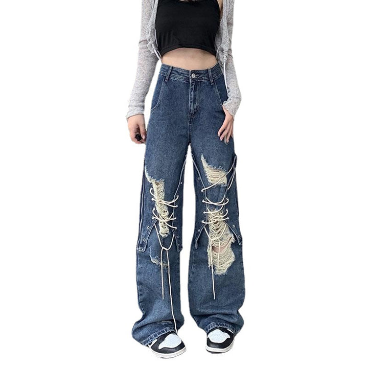 Ripped Lace-up Denim Women's High Waist Straight Wide Leg Pants