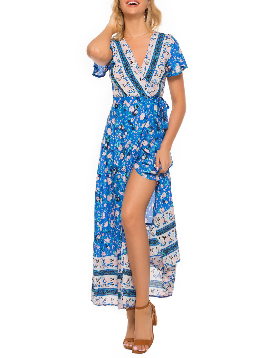 V-neck Split Bohemian Print Dress