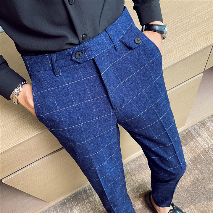 Korean Style British Classic Checkered Elegant Slim Fit Men's Best Man Pencil Pants Suit Pants