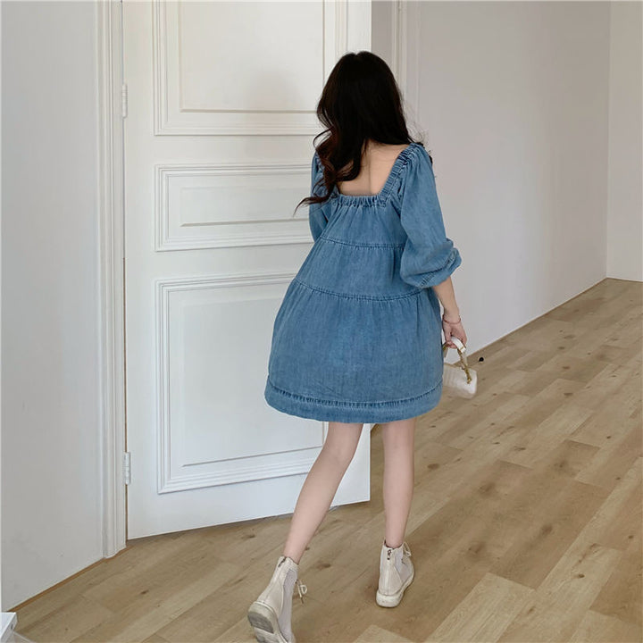 Square-cut Collar And Blue Dress French Girl Loose Skirt Female