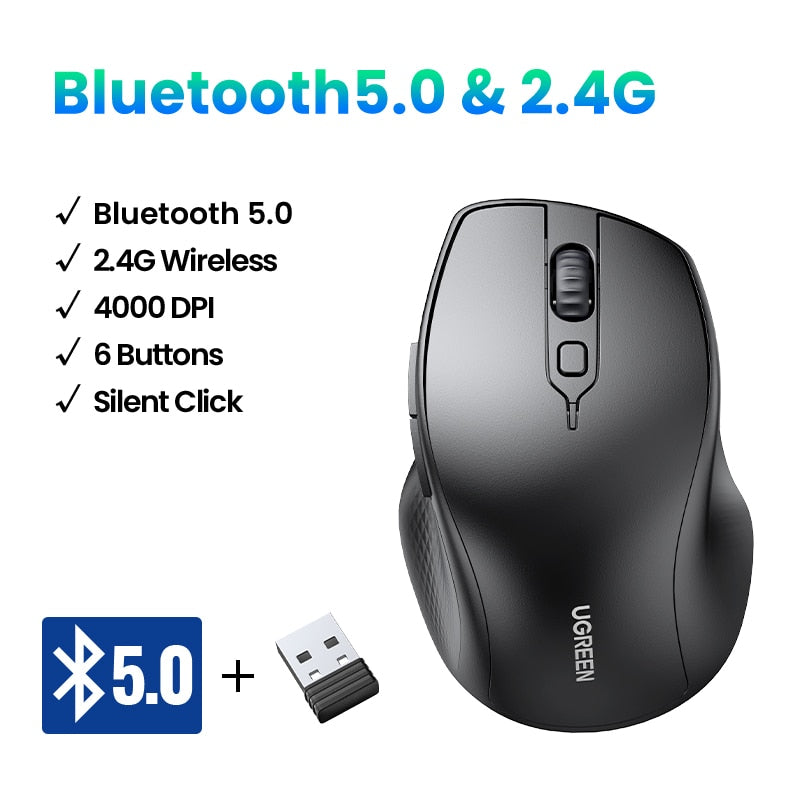 Wireless Bluetooth 5.0 & 2.4G Ergonomic Mouse - 4000DPI, 6 Silent Buttons, Dual Mode Connectivity