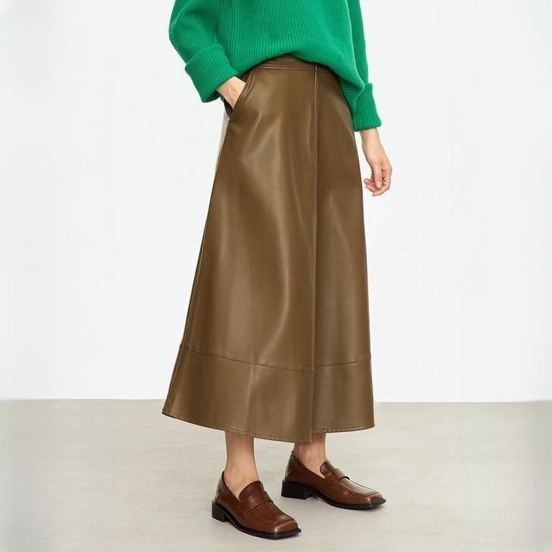 Autumn Elegance PU Leather Midi Skirt