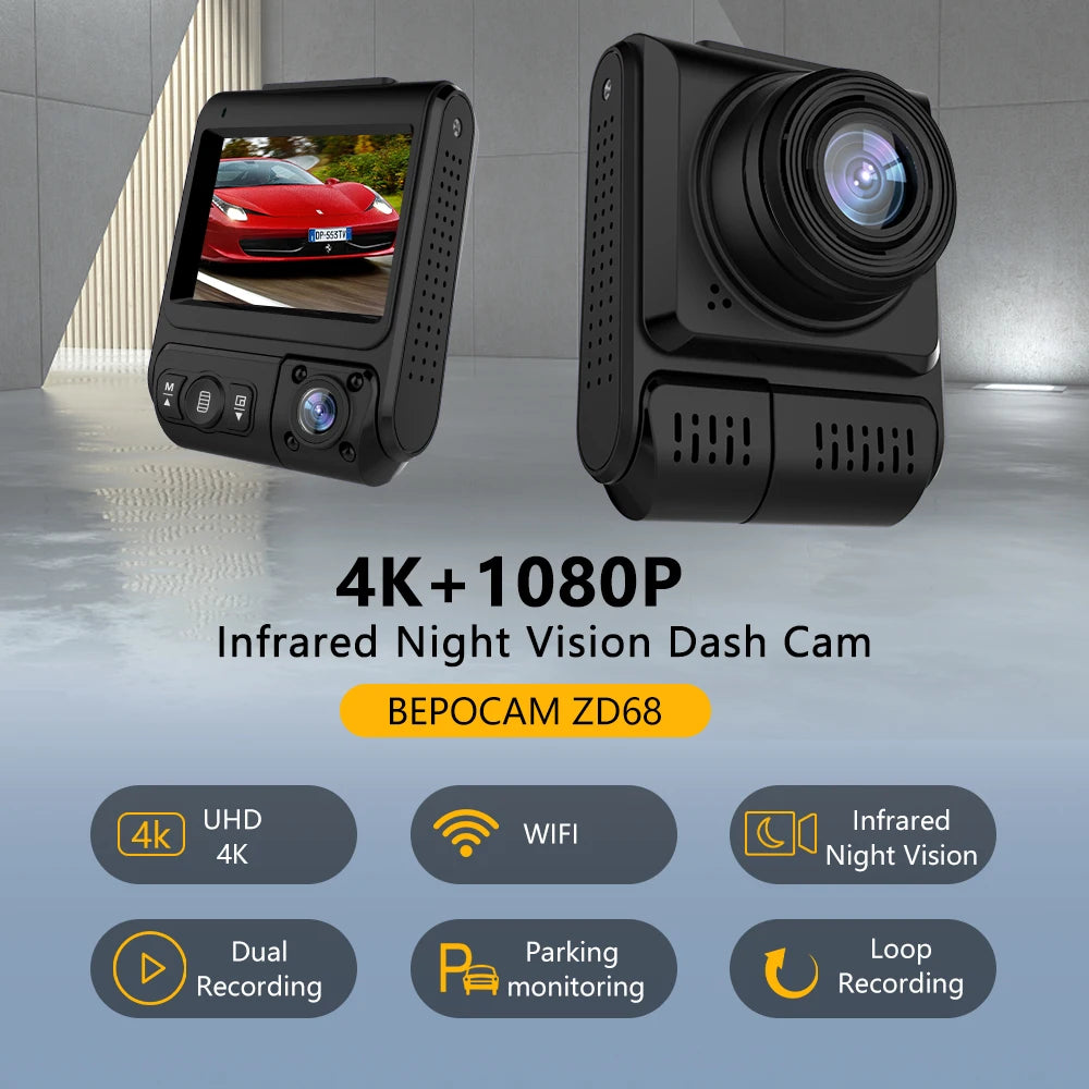 4K Dual Lens Dash Cam with Night Vision and GPS