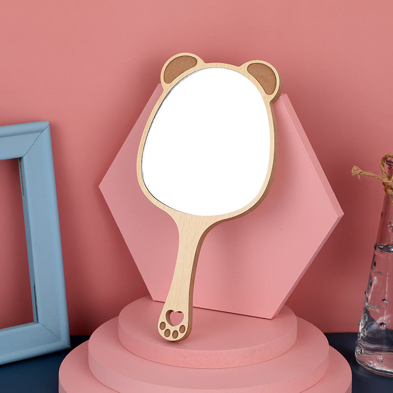 Charming Wooden Handheld Makeup Mirror with Cute Cat Ear Design