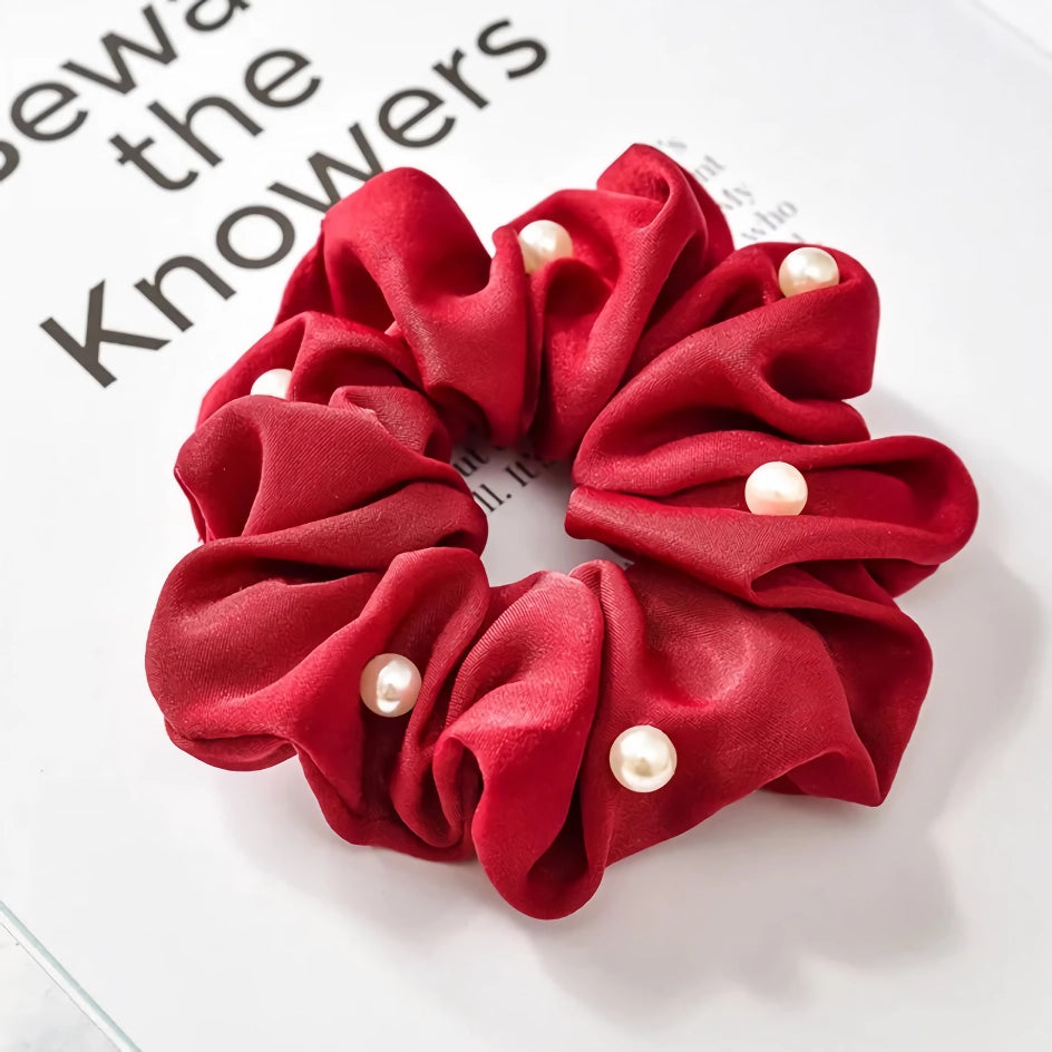 Satin Silk Pearl Hair Scrunchies – Stylish Elastic Hair Accessories