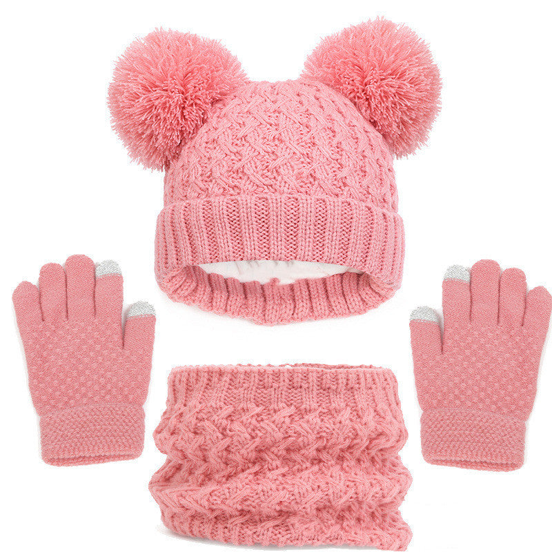 Children's Autumn And Winter Fleece-lined Thickened Double Ball Hat Scarf Gloves Three-piece Set