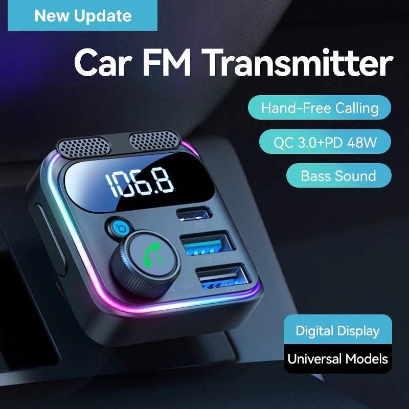 Bluetooth 5.3 FM Transmitter Car Adapter with 48W Fast Charging & Hands-Free Calling