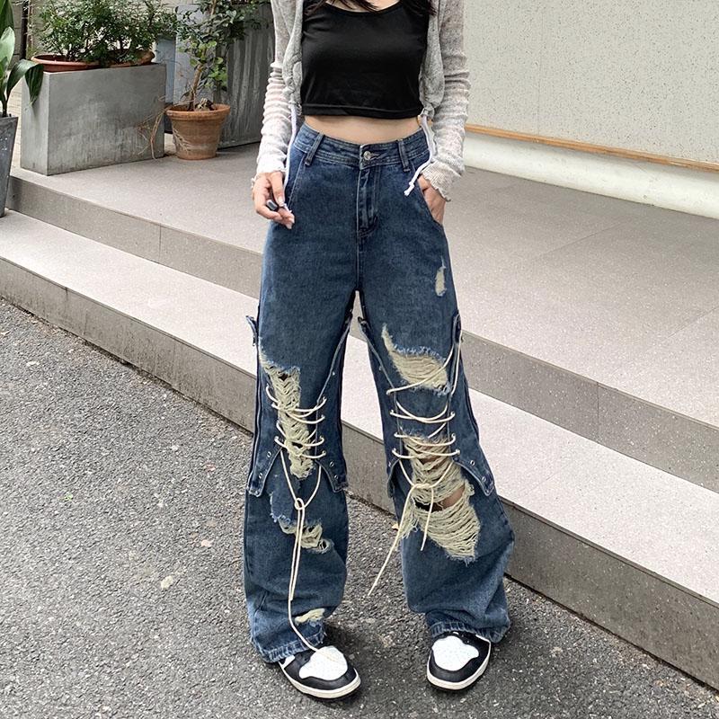 Ripped Lace-up Denim Women's High Waist Straight Wide Leg Pants