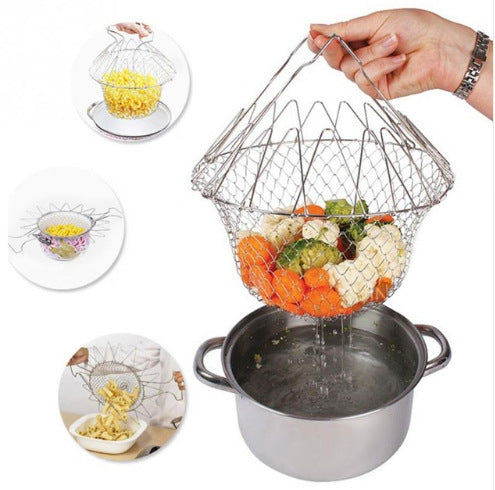 Stainless Steel Telescopic Folding Basket Frying Basket French Fries Degreasing Kitchen Tool