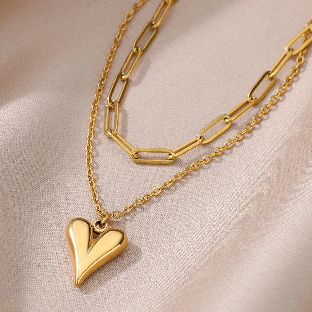 Romantic Double Layered Heart Chain Necklace