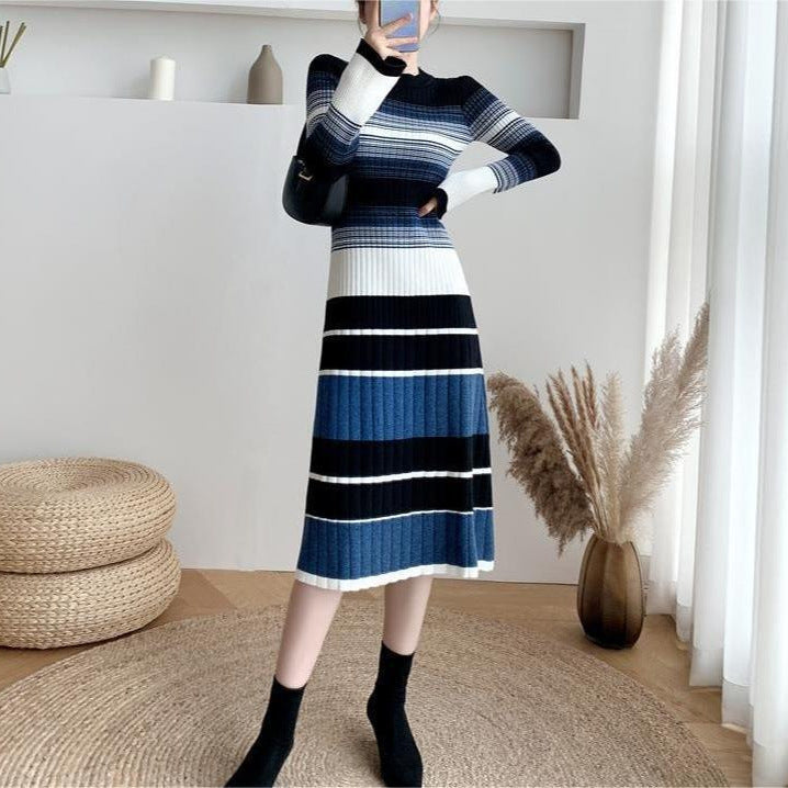 Elegant Striped Knitted Dress Women