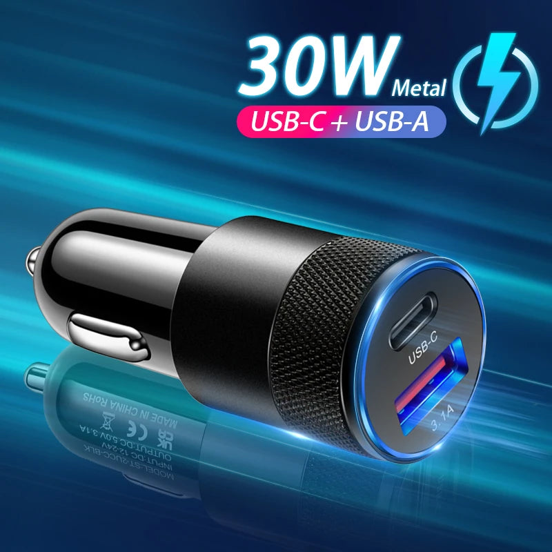 30W Mini USB-C Car Charger – Fast Charging Dual Port Adapter