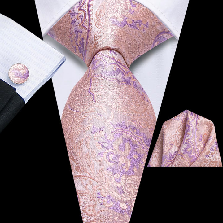 Chic Pink Plaid Silk Tie with Cufflinks and Handkerchief Set