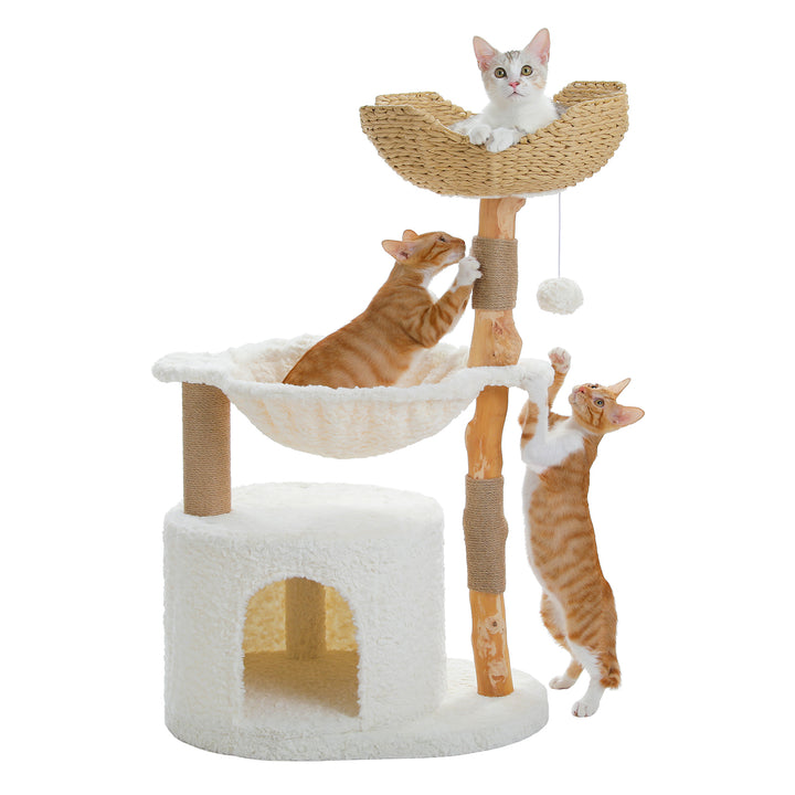 Modern Cat Tree with Woven Basket, Hammock & Solid Wood Scratching Post for Large Indoor Cats