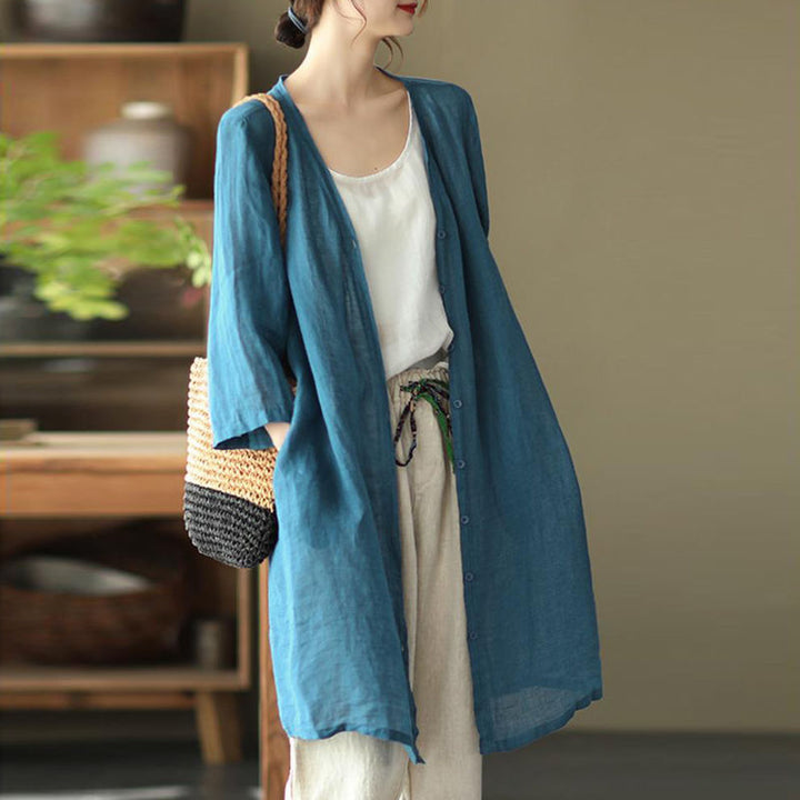 Artistic Plus Size Loose Mid-length Cotton And Linen Shirt Solid Color