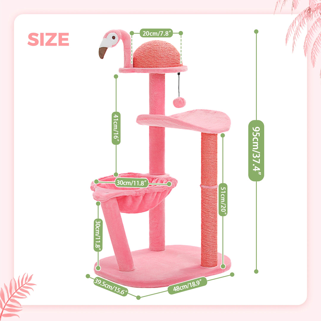 Charming Pink Flamingo Multi-Level Cat Tree with Hammock & Scratching Posts