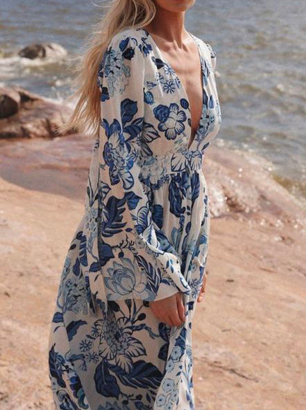 Printed Long-sleeved Backless Maxi Dress