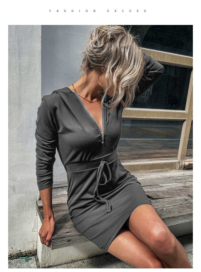 European And American Hooded Sweater Dress Slim-fit Sheath