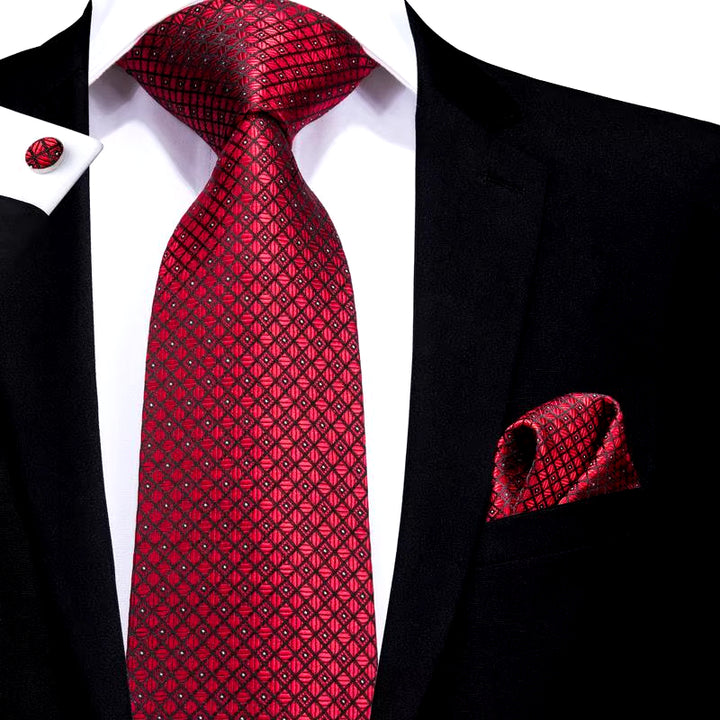 Elegant Red Plaid Silk Tie with Cufflinks and Handkerchief