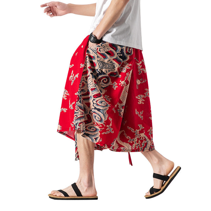 Men's Loose-fitting Chinese Style Elephant Flower Cropped Large Trunks Radish Beach Flower Pants