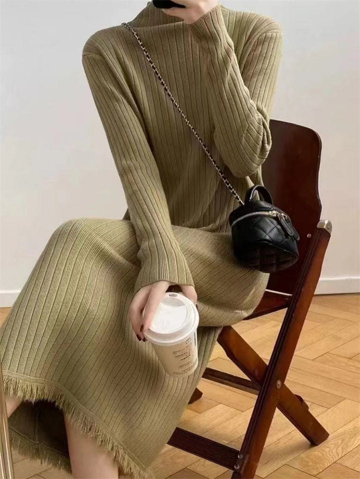 Mock Neck Sweater Women's Mid-length Below-the-knee Coat Base Ride Tassel Knitted