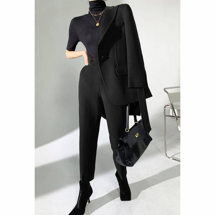 Autumn Winter Elegant Woolen Pant Suits with Belted Jackets and Warm Trousers for Women