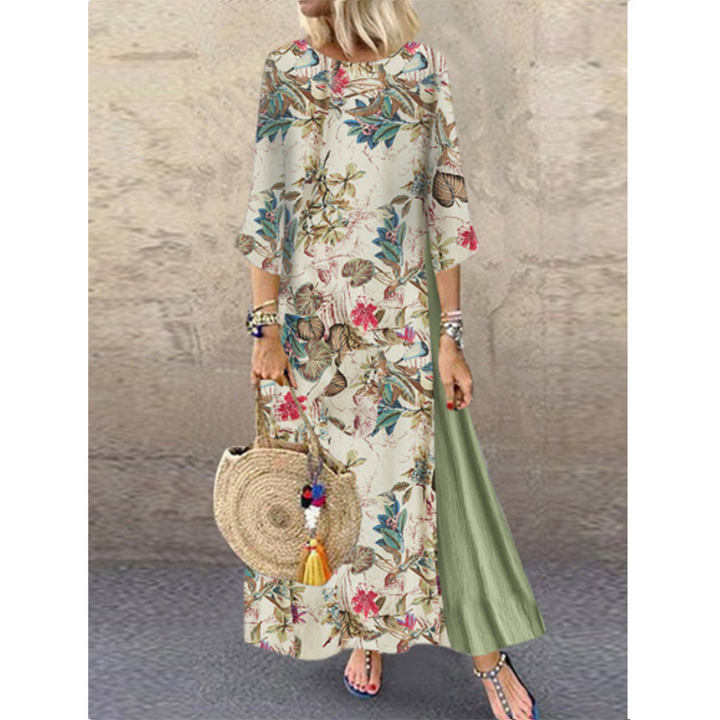 Women Floral Print O-Neck 3/4 Sleeve Casual Belted Maxi Dresses