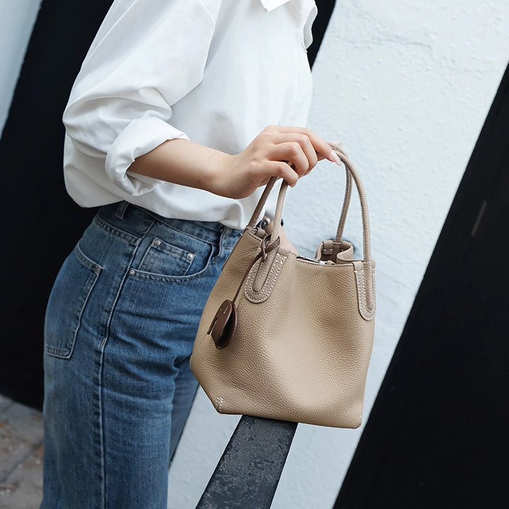 Genuine Leather Retro Bucket Bag for Women – Casual Crossbody and Shoulder Handbag