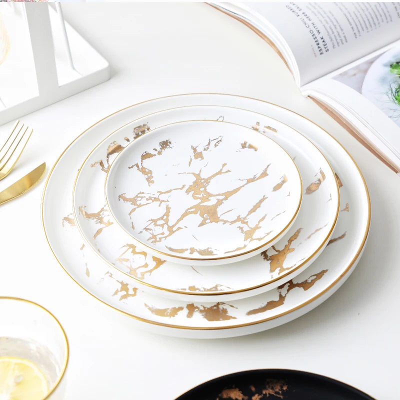 Elegant Nordic Ceramic Dinner Plates with Gold Inlay