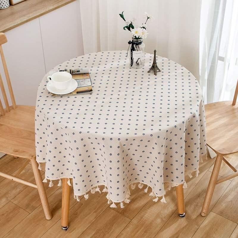 Cotton Linen Round Tablecloth with Tassels - Floral Print, Dust-Proof