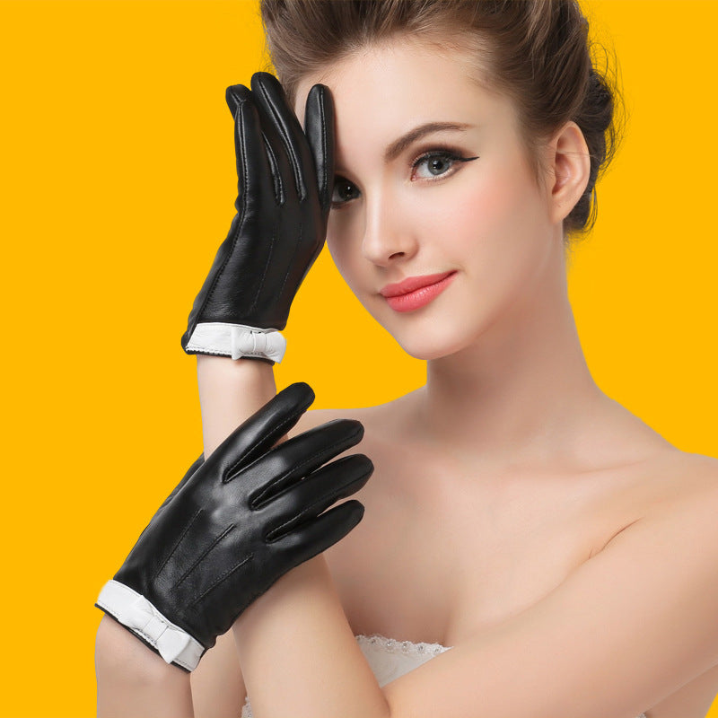 Leather Gloves Ladies Sheepskin Bow