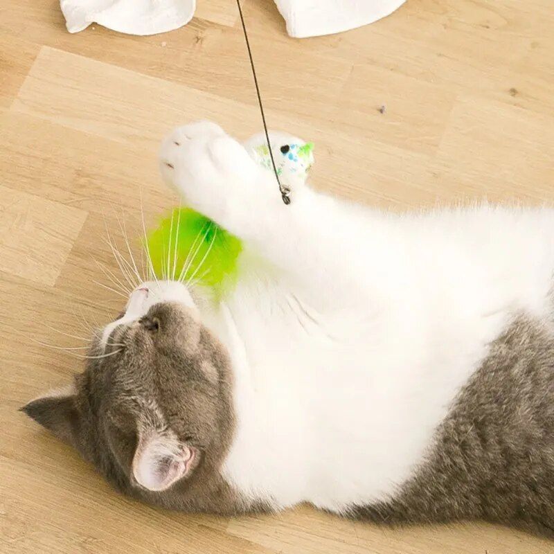 Interactive Feathered Bird Wand Toy with Suction Cup for Cats